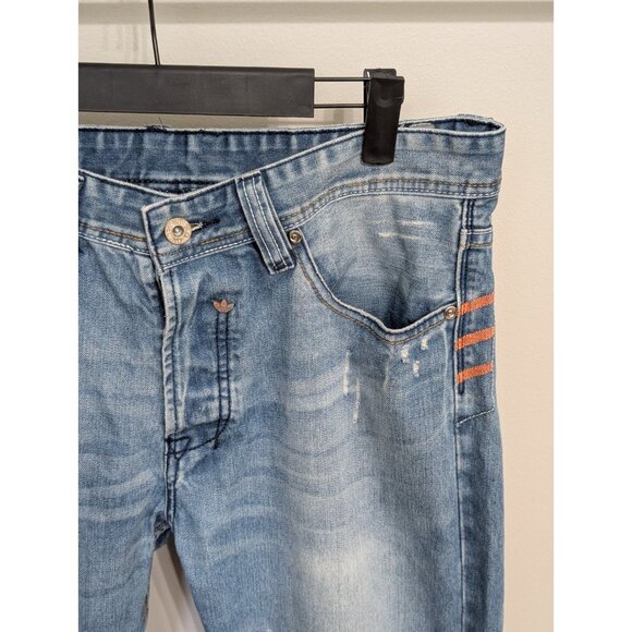 Diesel x Adidas Jeans Mens 33x28 Denim Blue Distressed Faded Raw Hem - Picture 3 of 12